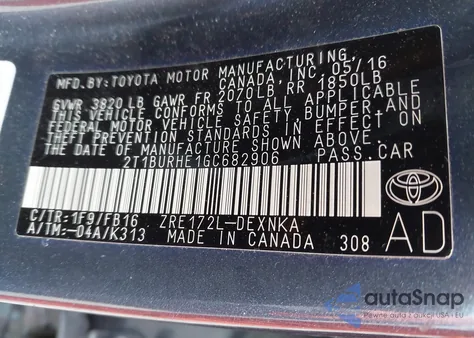 2016 Toyota Corolla Le из США, поврежденный, VIN 2T1BURHE1GC682906